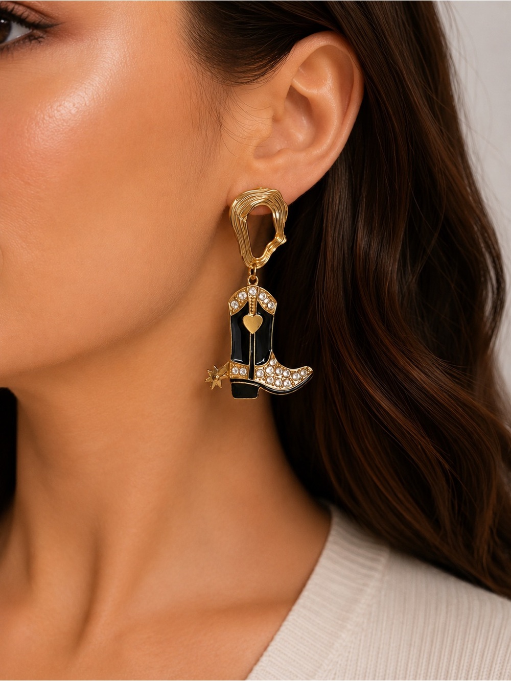 NEW Gold Tone Cowboy Boot Rhinestone Statement Dangle Earrings Western 2.5”